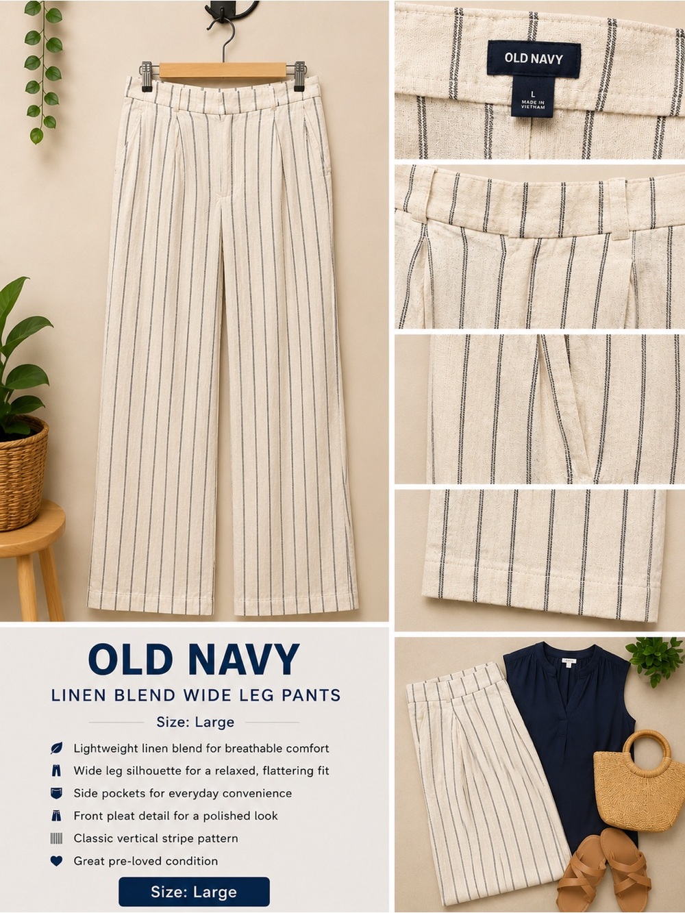 Old Navy White Wide-Leg Trouser with Black Pinstripes